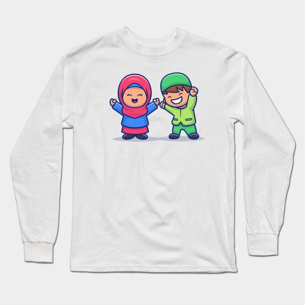 Girl And Boy Moslem Celebrating Eid Mubarak Cartoon Illustration Long Sleeve T-Shirt by Catalyst Labs